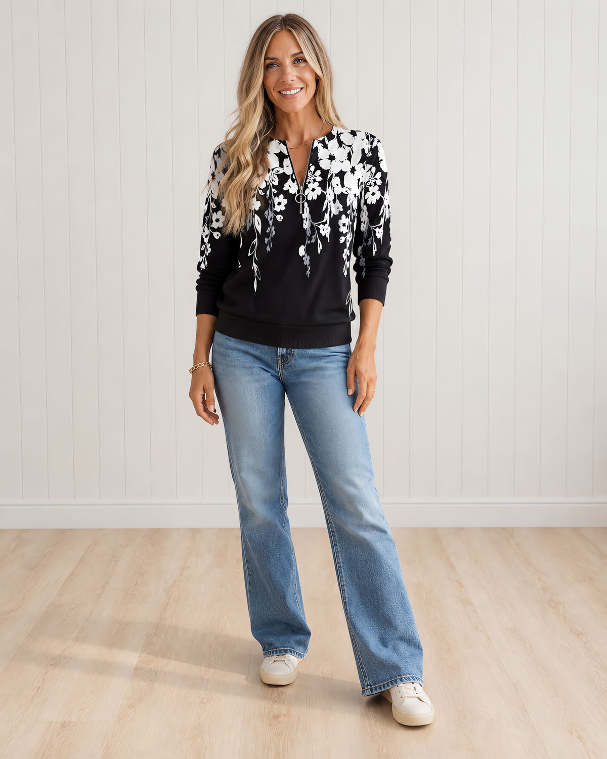 Marjolijn Floral Print Quarter Zip Top