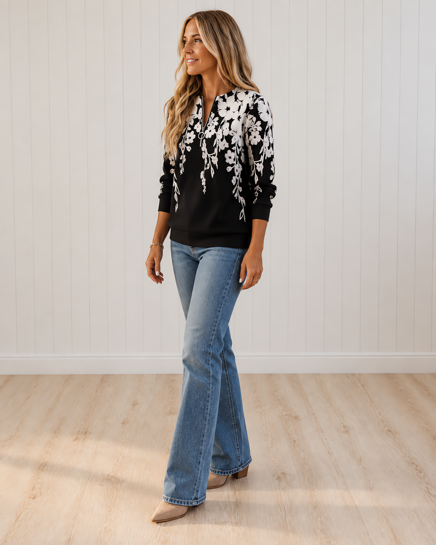 Marjolijn Floral Print Quarter Zip Top