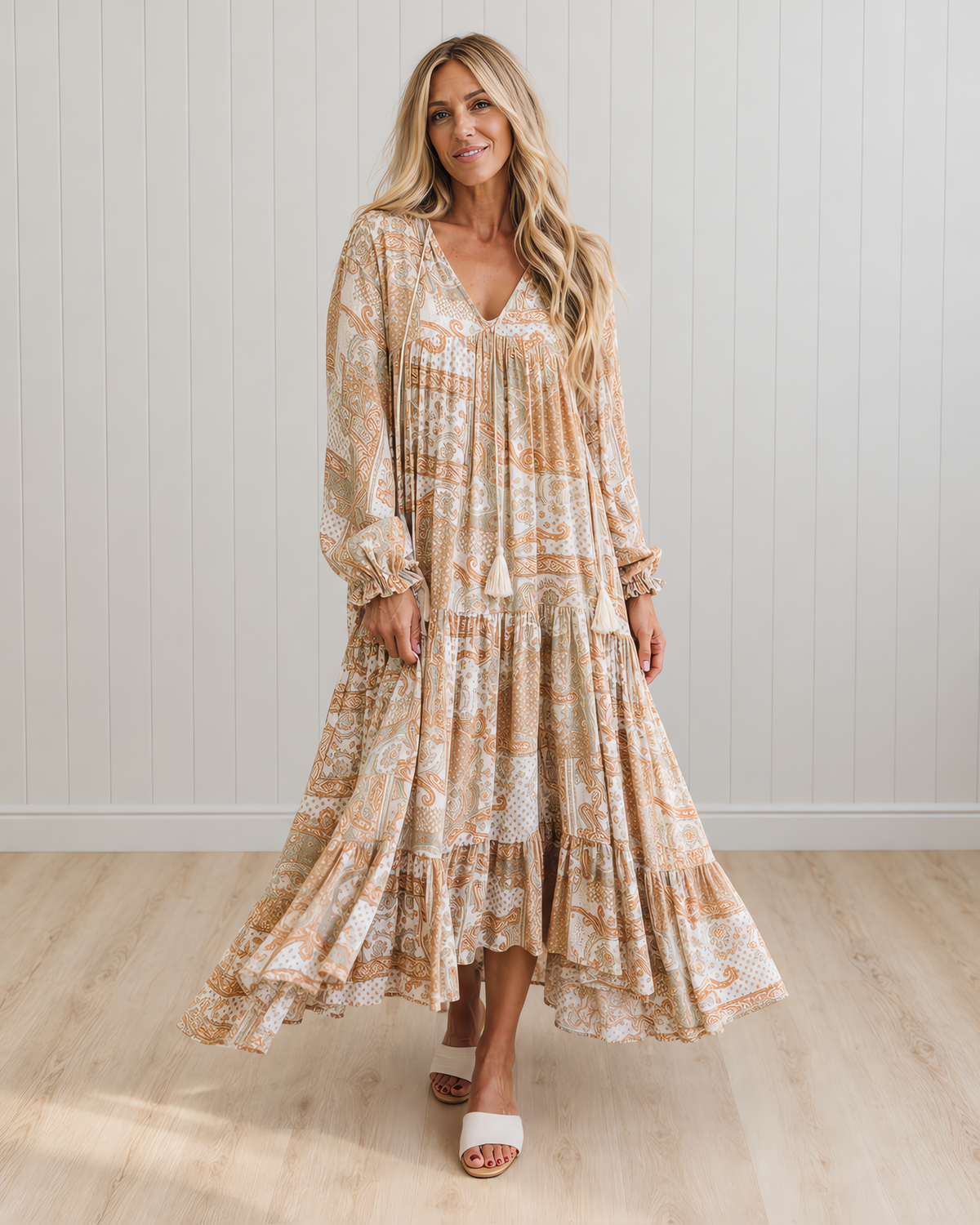 Milly Mosaic Print Maxi Dress with Tassel-Tie Neckline