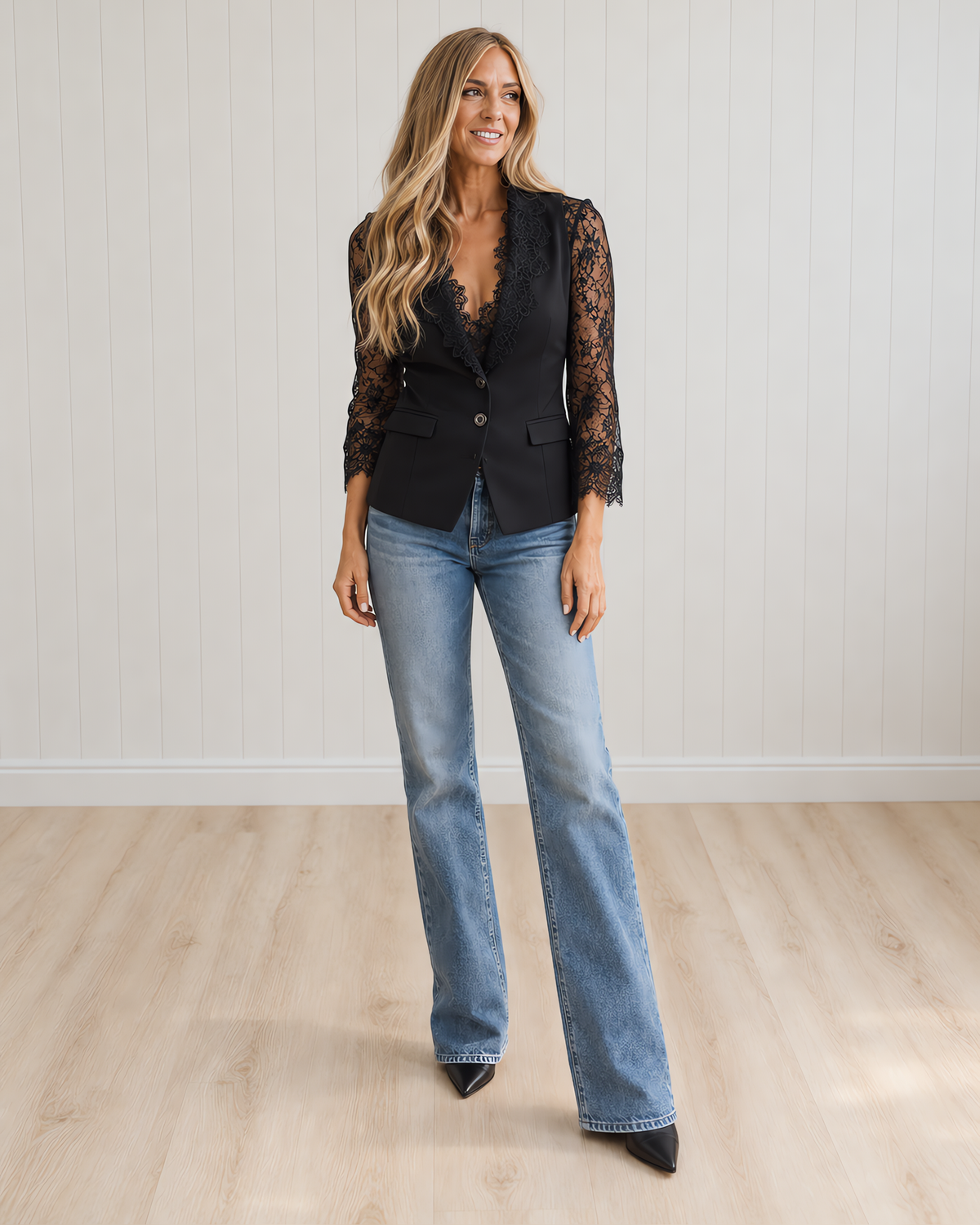 Noémie | High Black Blazer with Semi-Sheer Sleeves