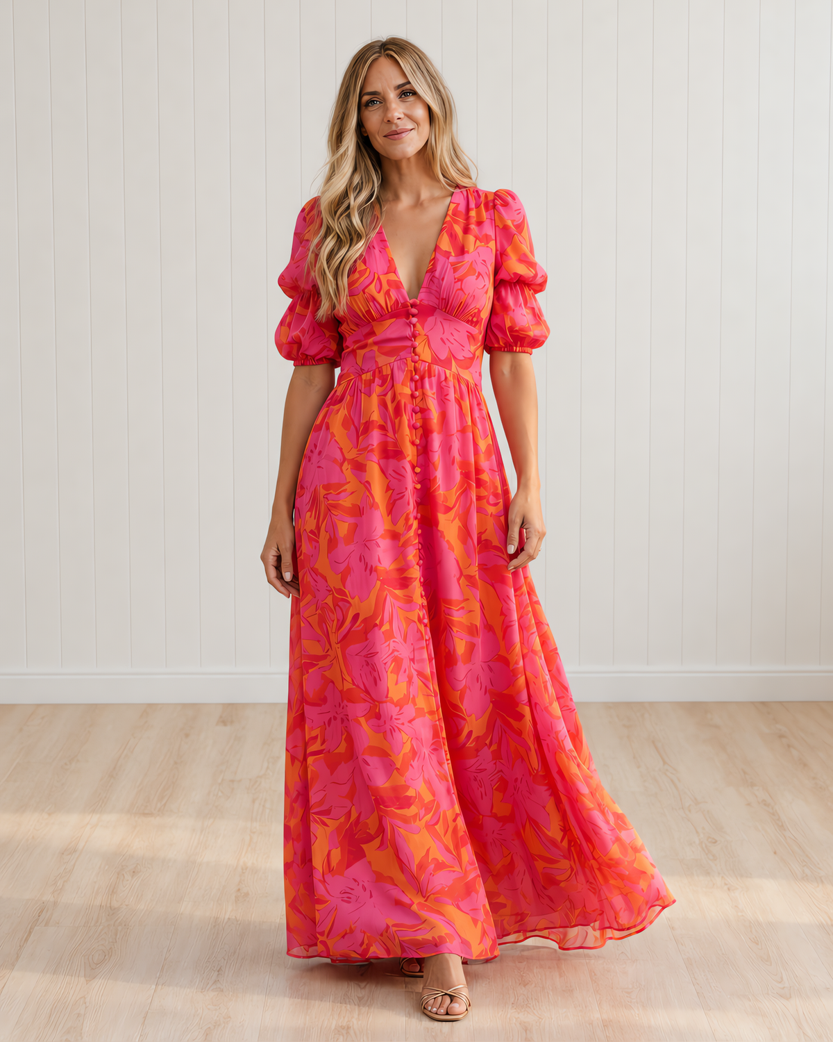 OLVERA Pink and Orange V-Neck Flowing Maxi Dress