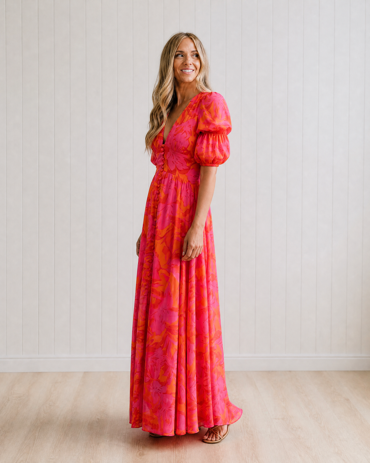 OLVERA Pink and Orange V-Neck Flowing Maxi Dress