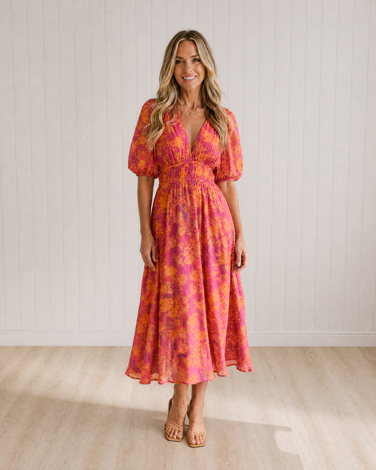 Posy Floral Midi Dress with Puff Sleeves and V-neck