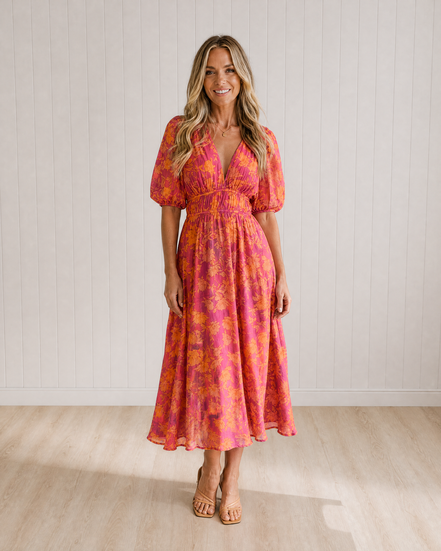 Posy Floral Midi Dress with Puff Sleeves and V-neck