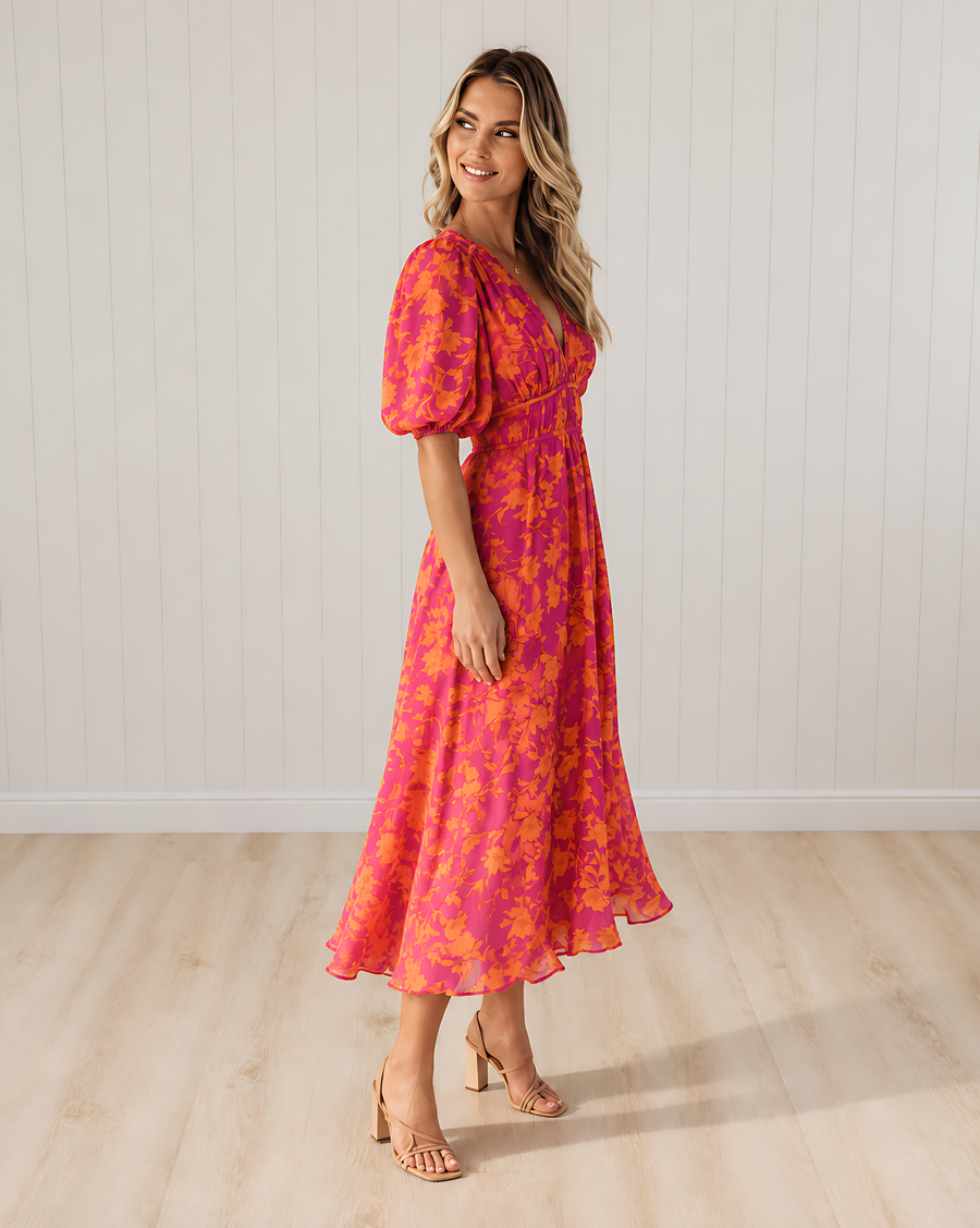 Posy Floral Midi Dress with Puff Sleeves and V-neck