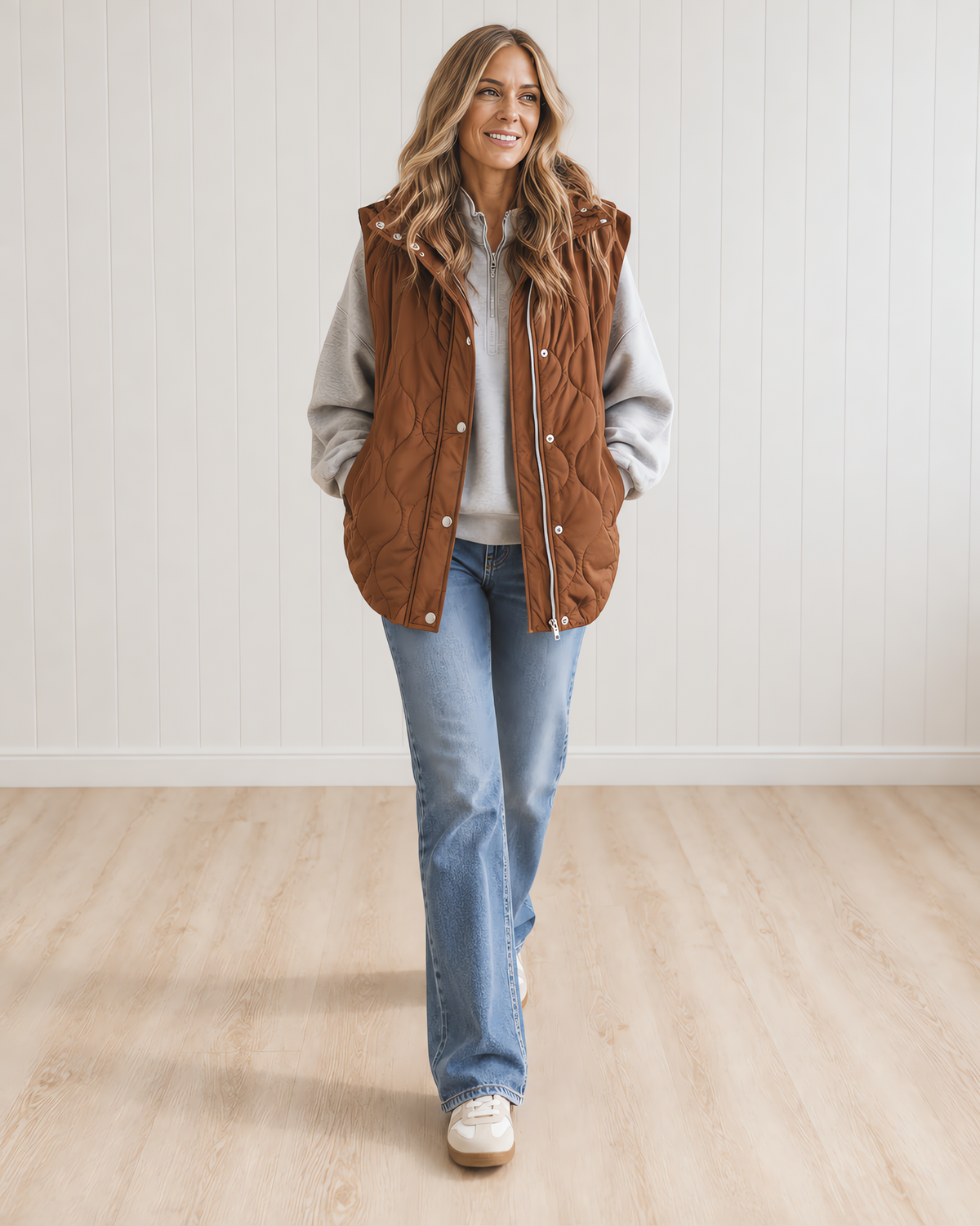 Women's Quilted Hooded Puffer Vest with Zip and Snap Buttons