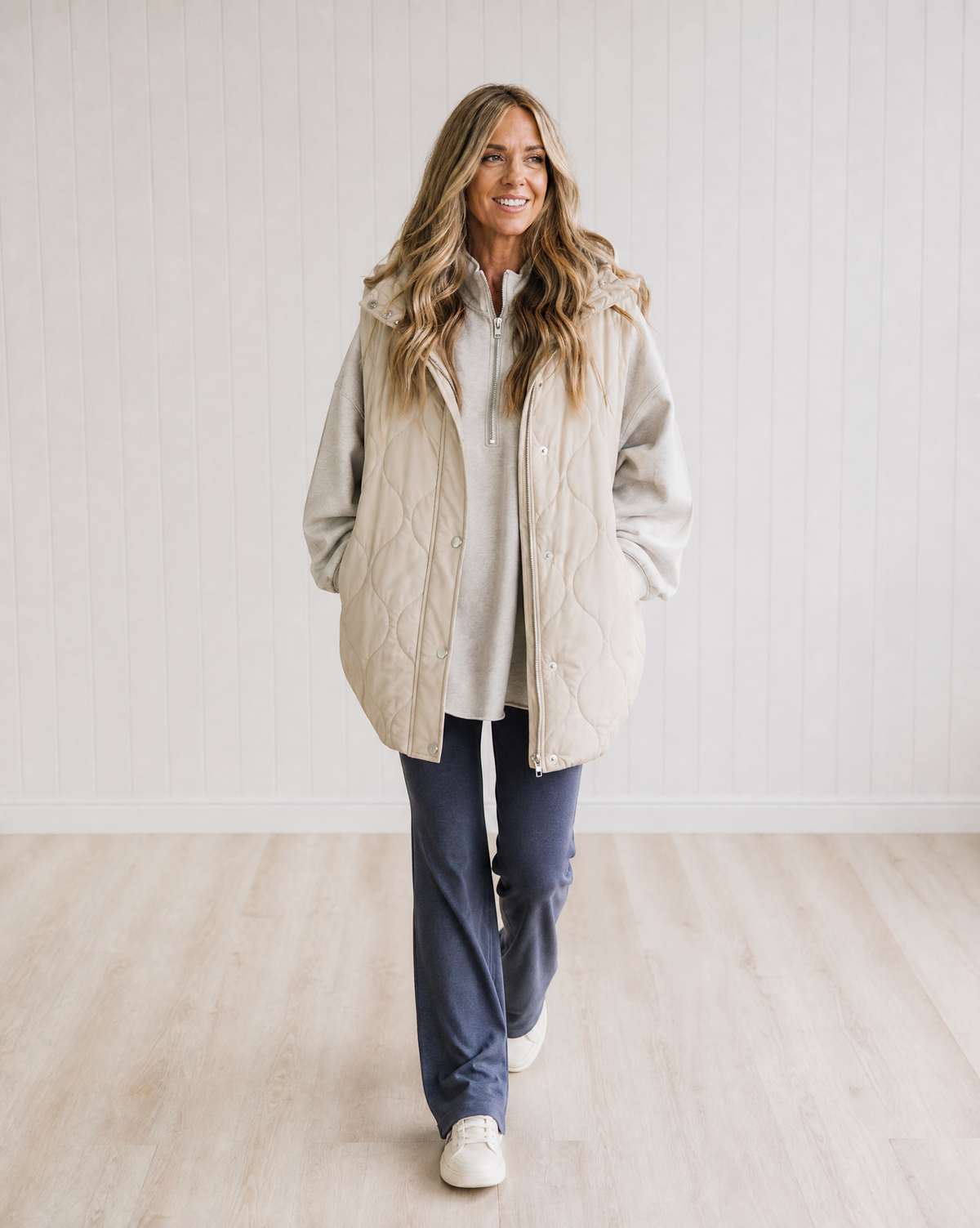 Women's Quilted Hooded Puffer Vest with Zip and Snap Buttons