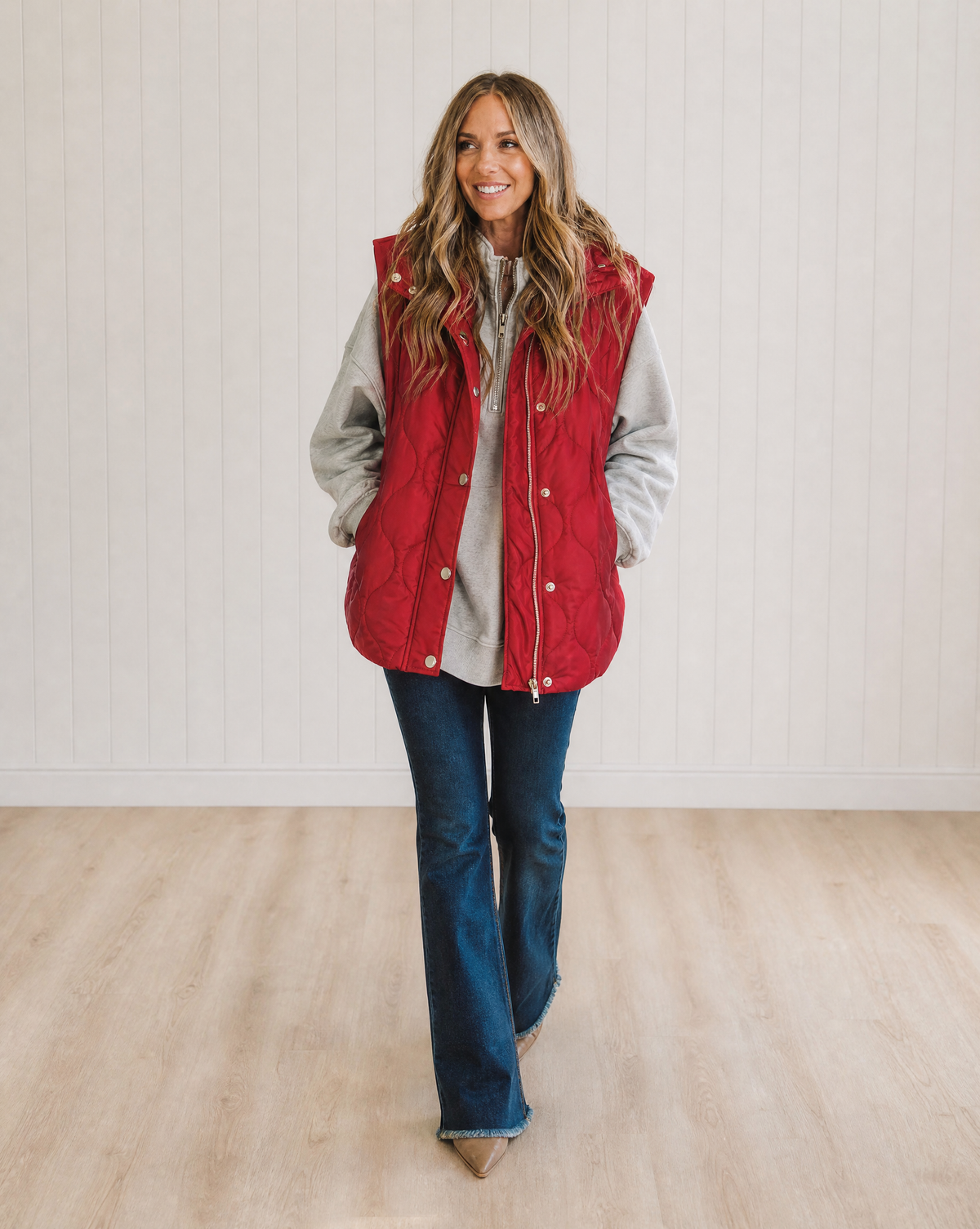 Women's Quilted Hooded Puffer Vest with Zip and Snap Buttons