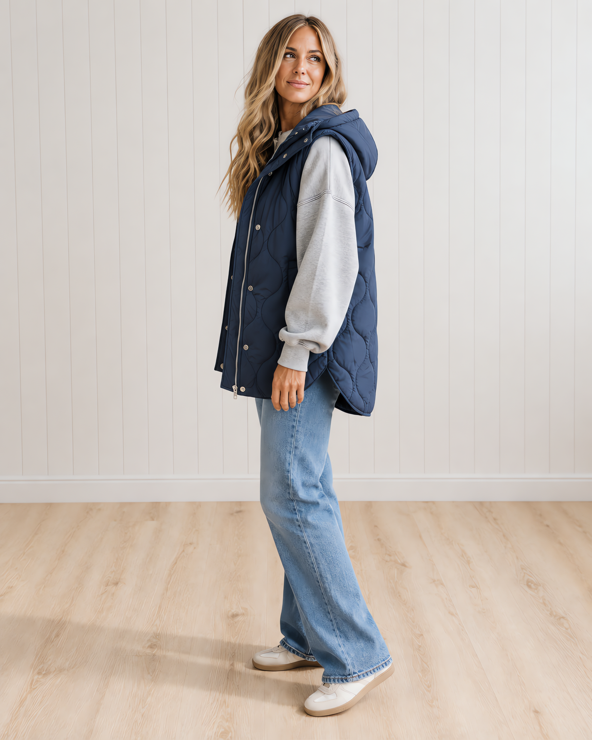 Women's Quilted Hooded Puffer Vest with Zip and Snap Buttons