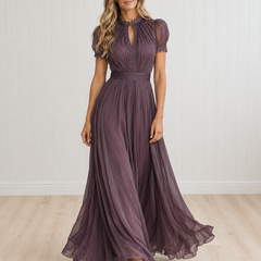 Rosalind Purple Keyhole Neckline Chiffon Lace Trim Maxi Dress
