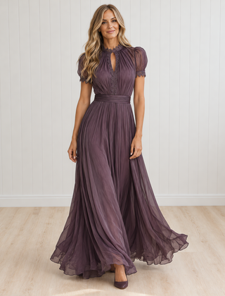 Rosalind Purple Keyhole Neckline Chiffon Lace Trim Maxi Dress