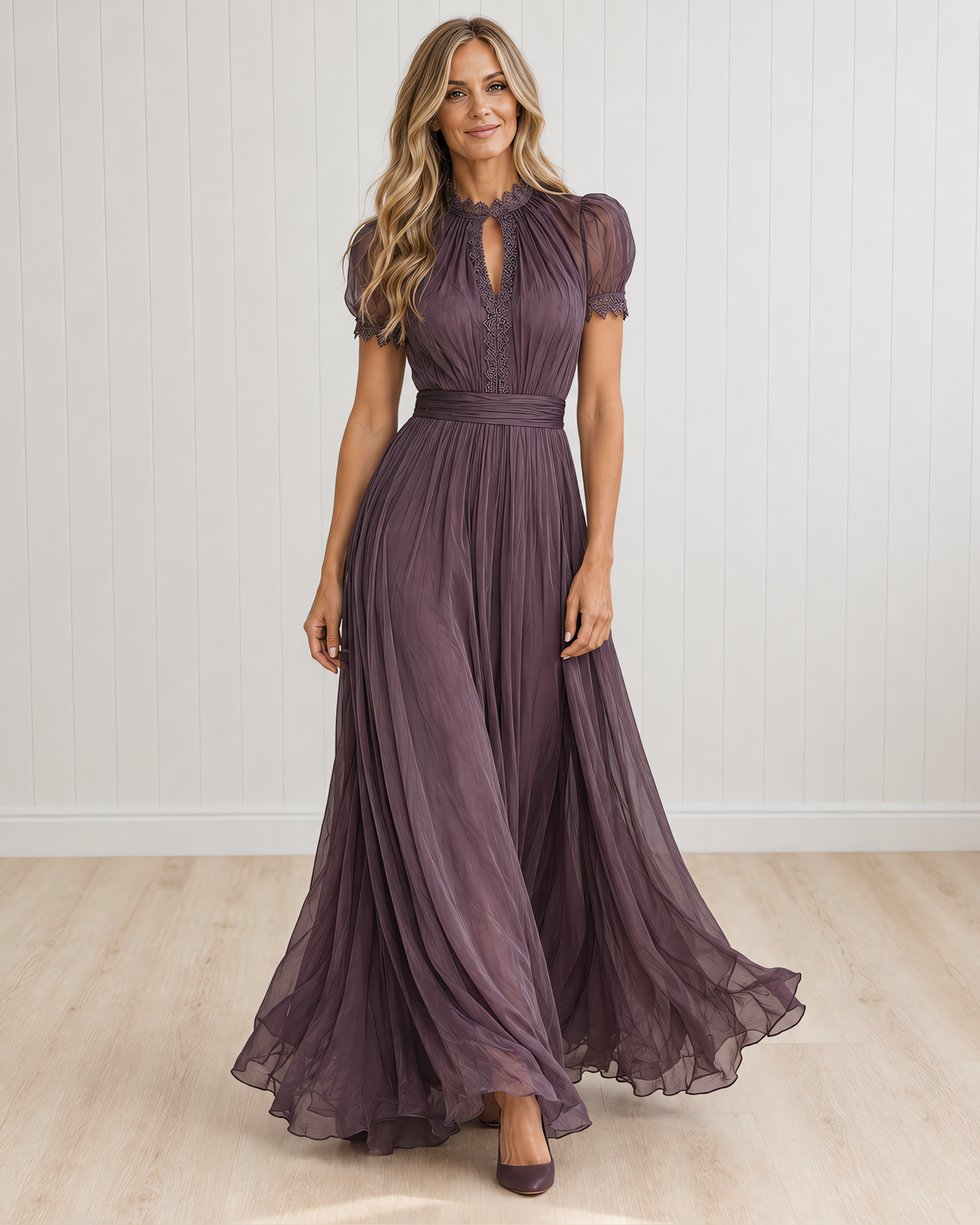 Rosalind Purple Keyhole Neckline Chiffon Lace Trim Maxi Dress