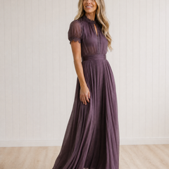 Rosalind Purple Keyhole Neckline Chiffon Lace Trim Maxi Dress