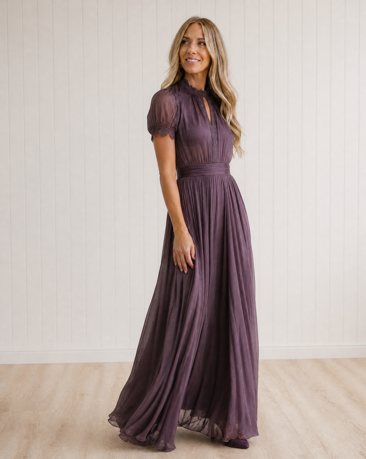 Rosalind Purple Keyhole Neckline Chiffon Lace Trim Maxi Dress