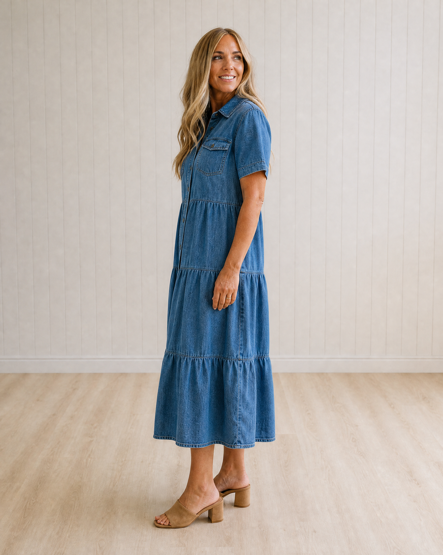 Saffron Relaxed Tiered Button-Front Midi Dress