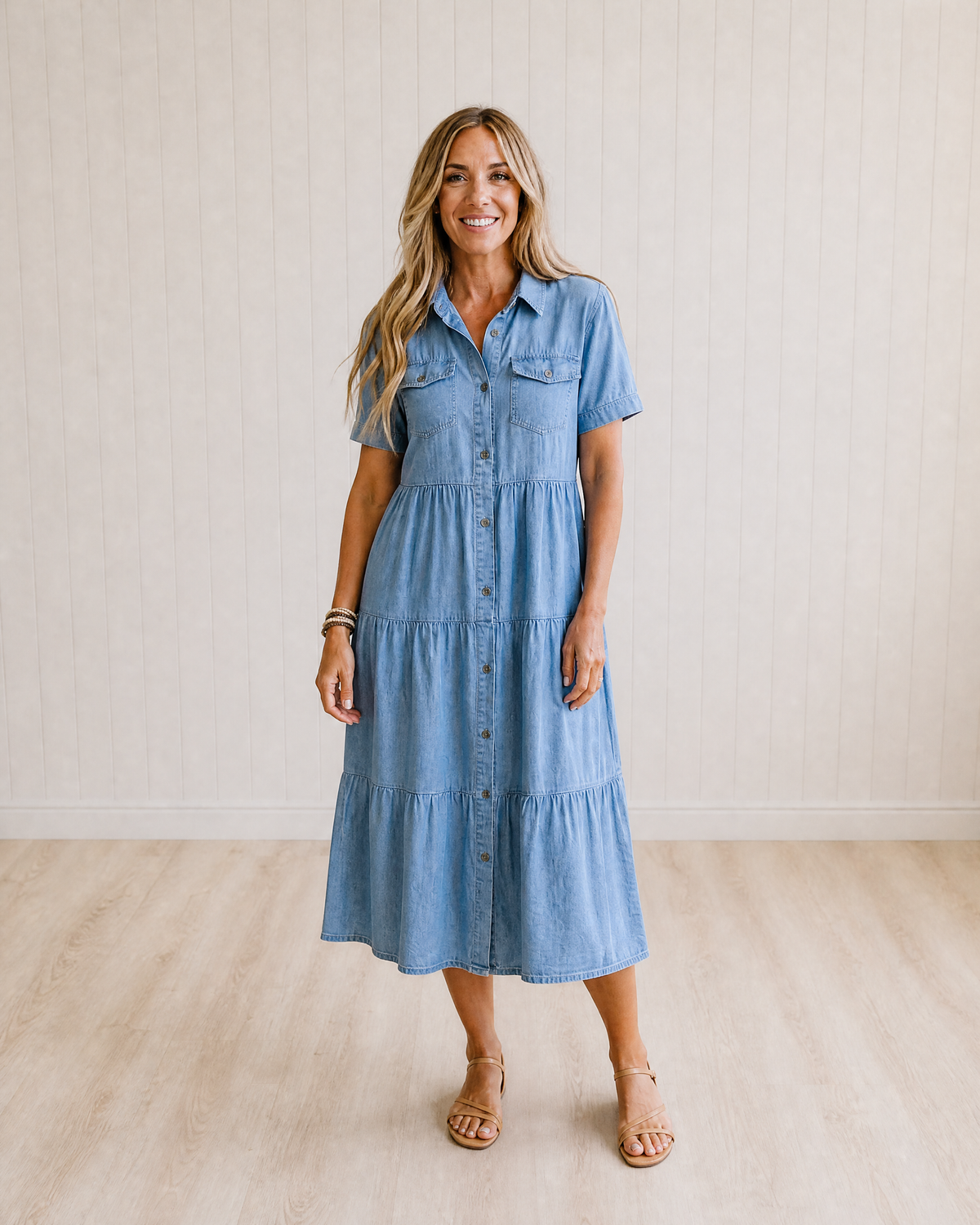 Saffron Relaxed Tiered Button-Front Midi Dress