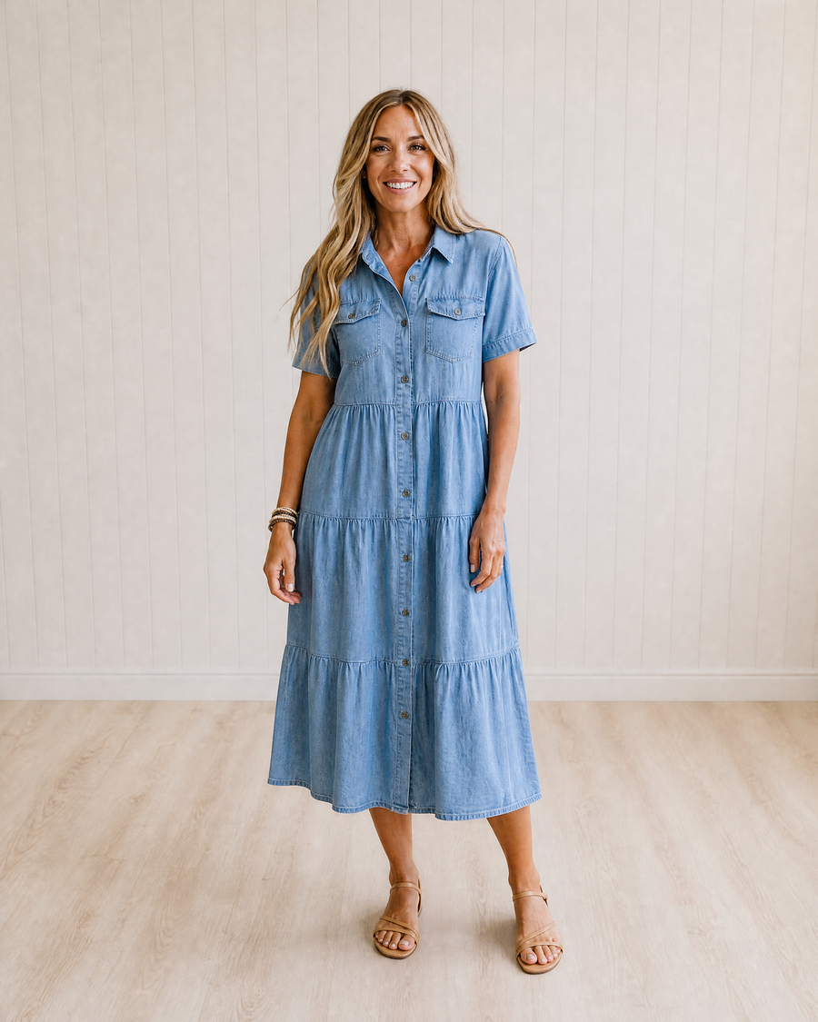 Saffron Relaxed Tiered Button-Front Midi Dress