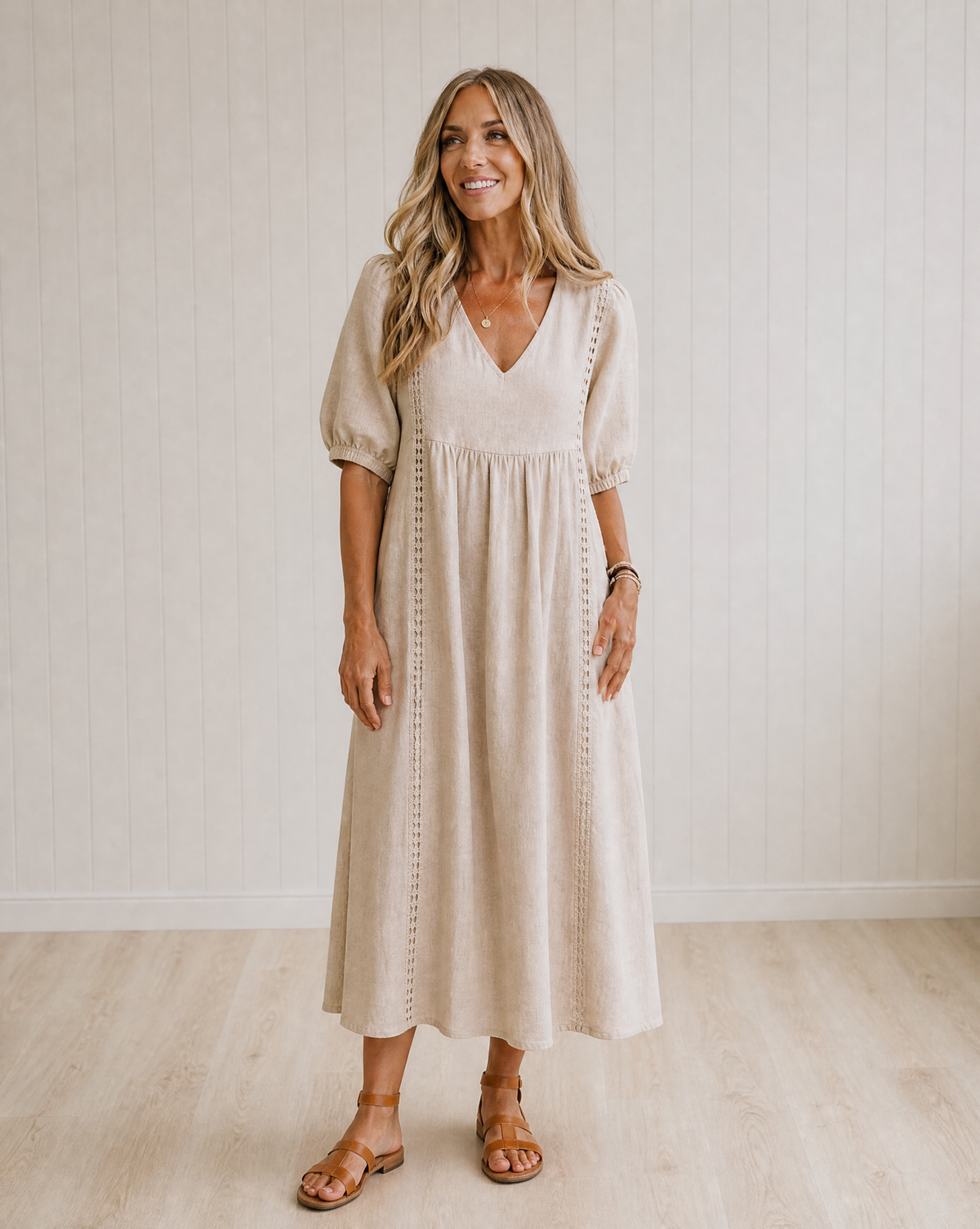 SEFI Midi Dress with Lace Detail and V-Neck