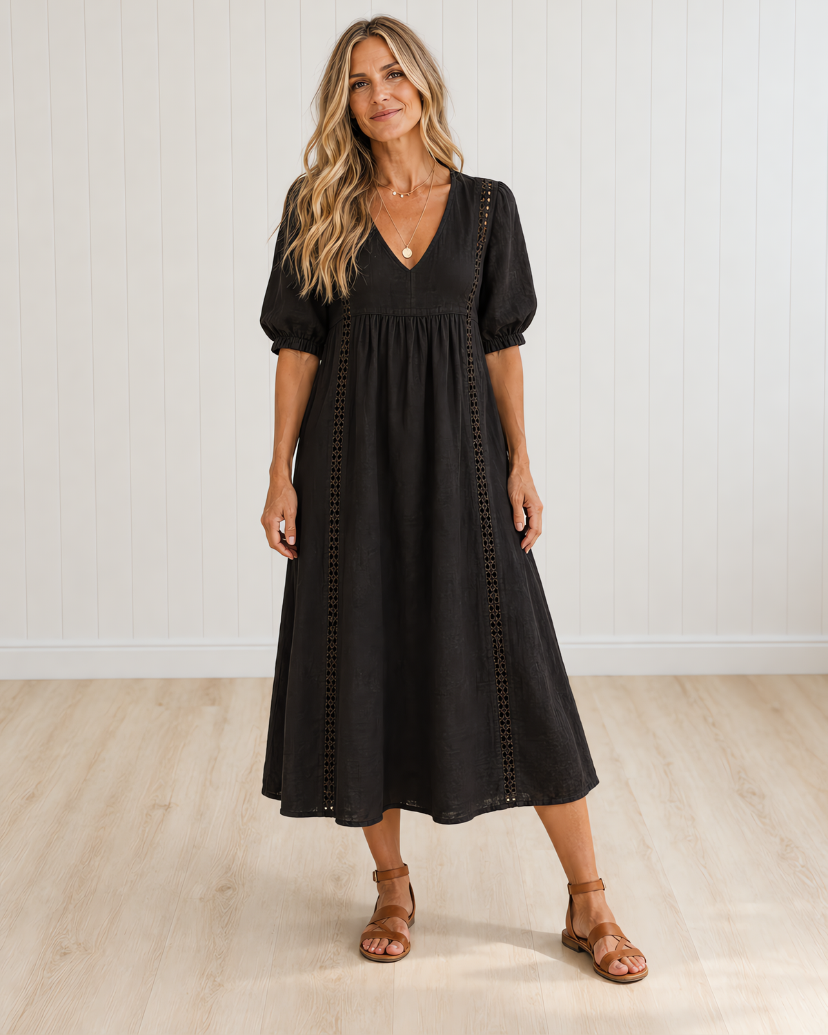 SEFI Midi Dress with Lace Detail and V-Neck