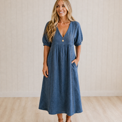 SEFI Midi Dress with Lace Detail and V-Neck