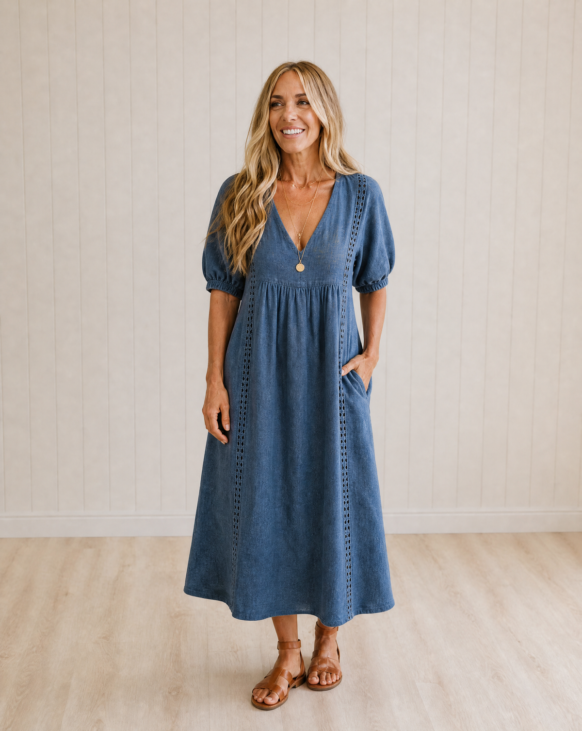 SEFI Midi Dress with Lace Detail and V-Neck