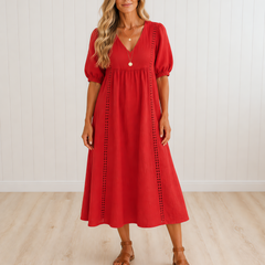 SEFI Midi Dress with Lace Detail and V-Neck