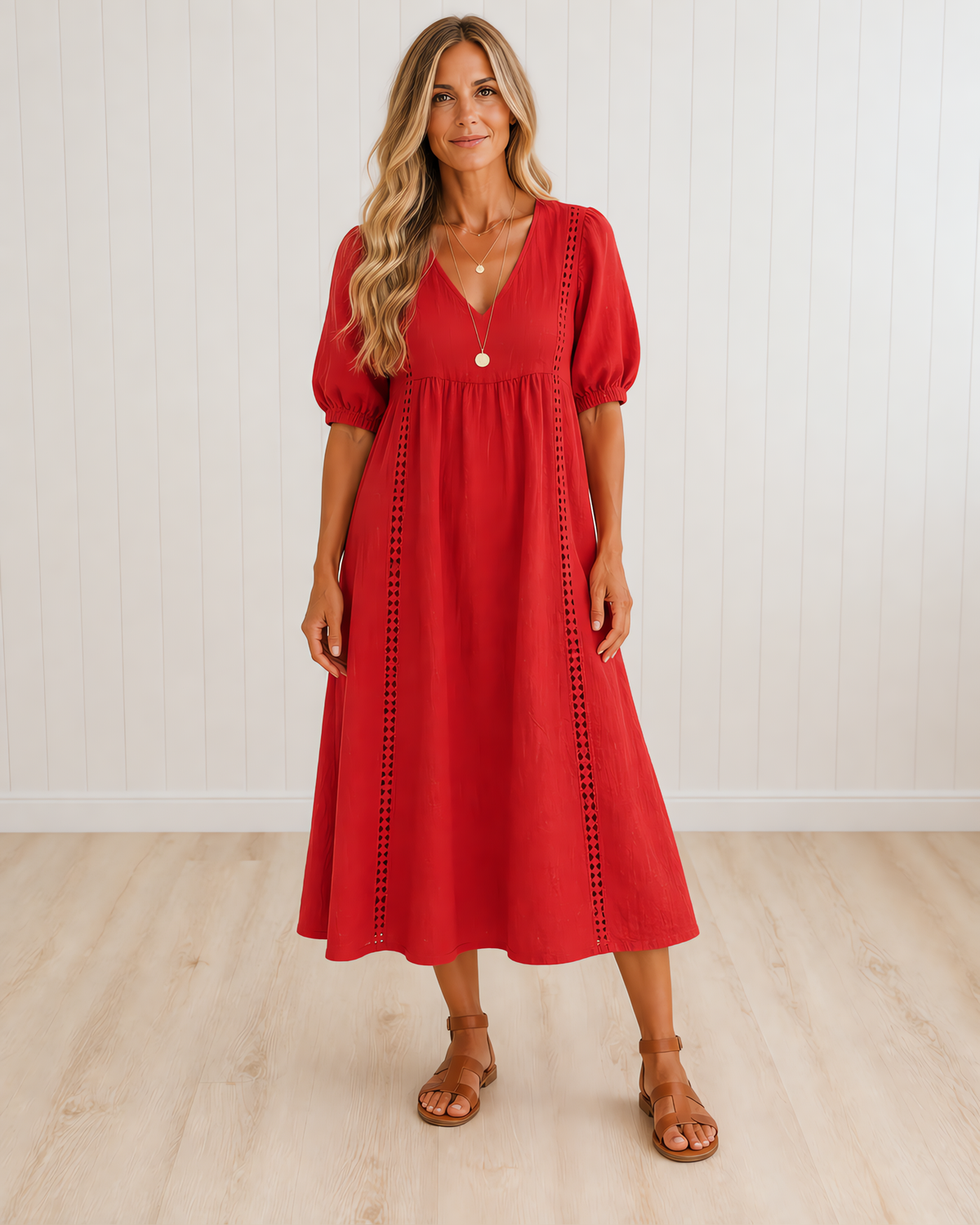 SEFI Midi Dress with Lace Detail and V-Neck