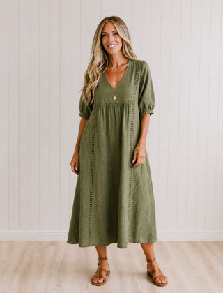 SEFI Midi Dress with Lace Detail and V-Neck