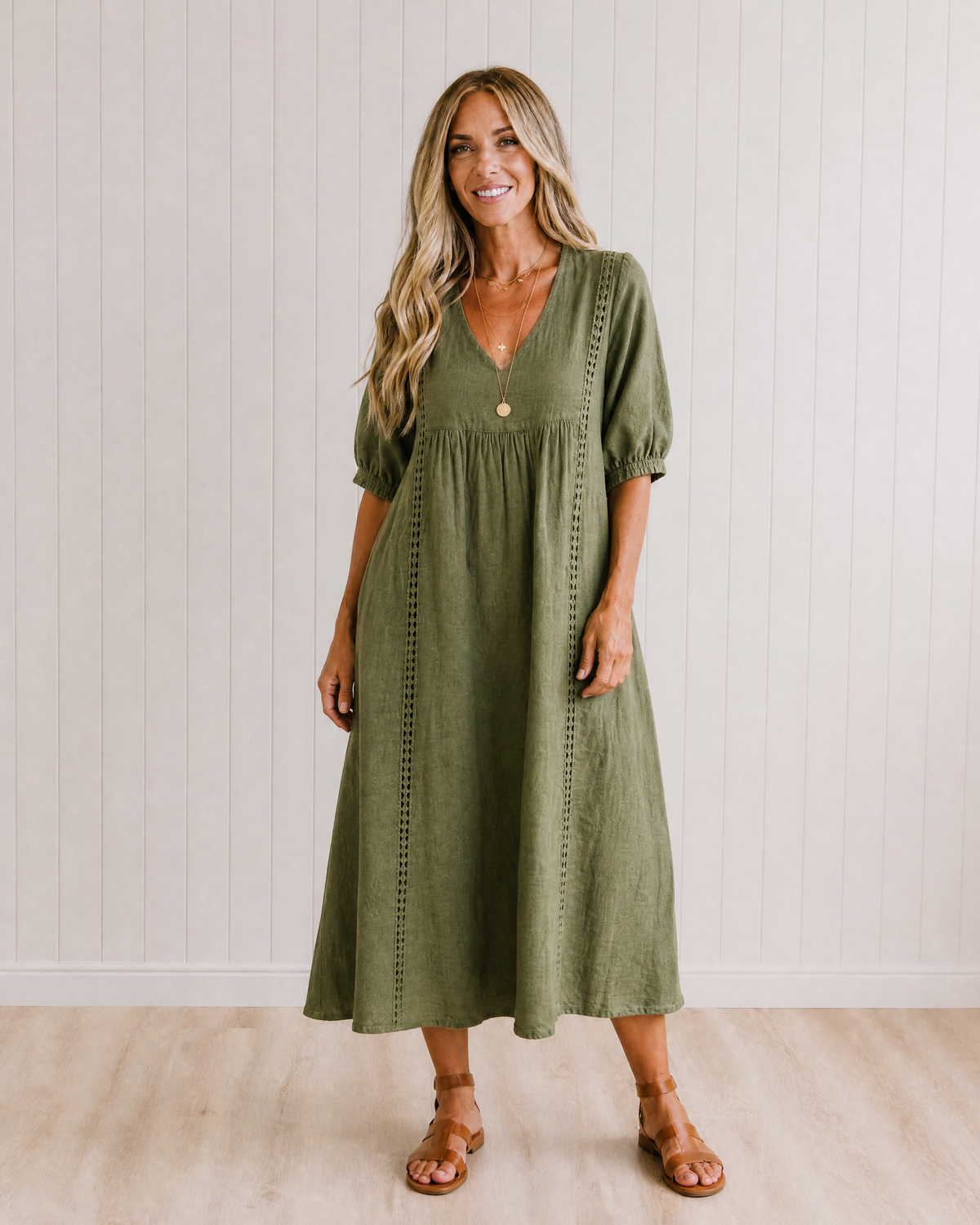 SEFI Midi Dress with Lace Detail and V-Neck