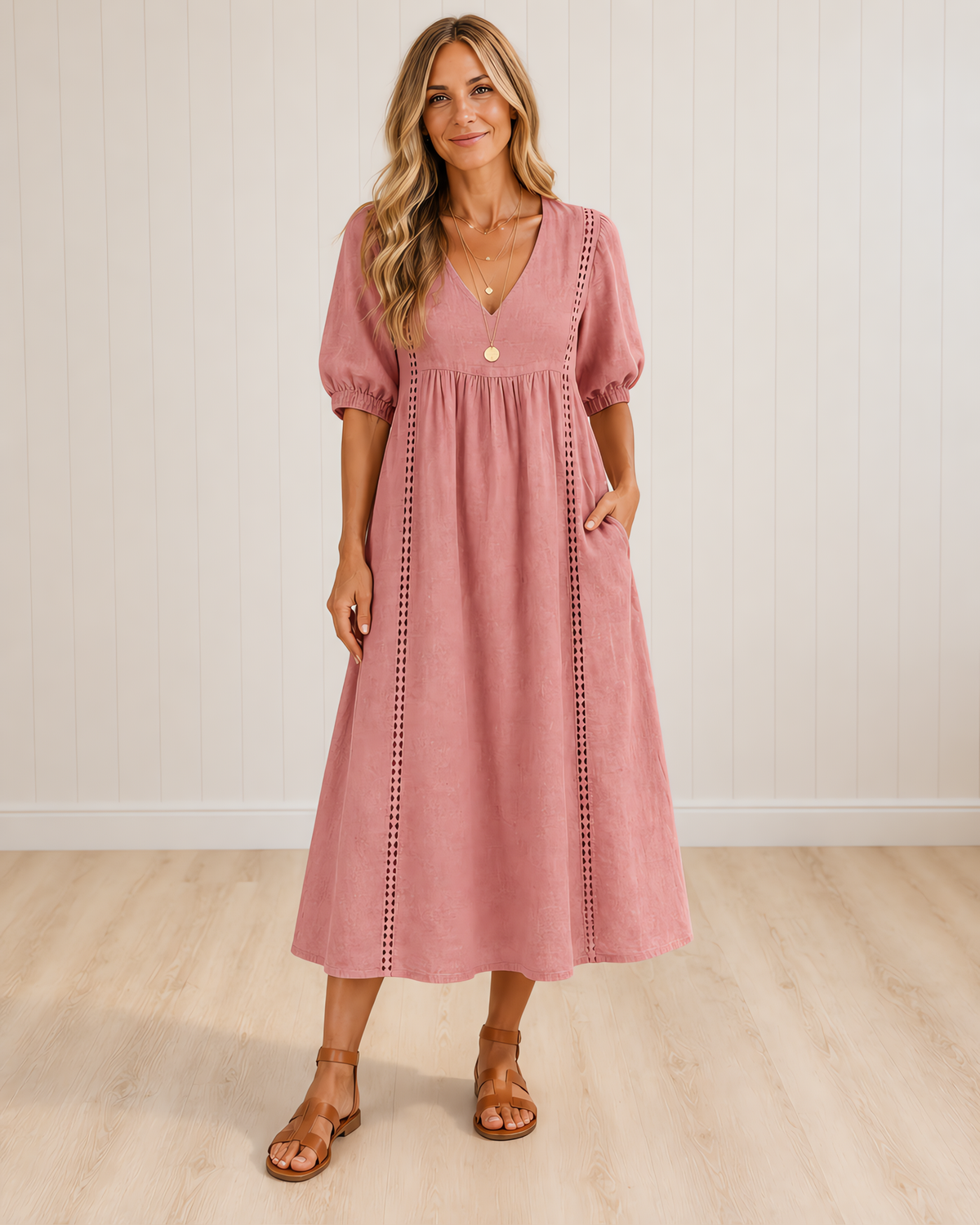 SEFI Midi Dress with Lace Detail and V-Neck