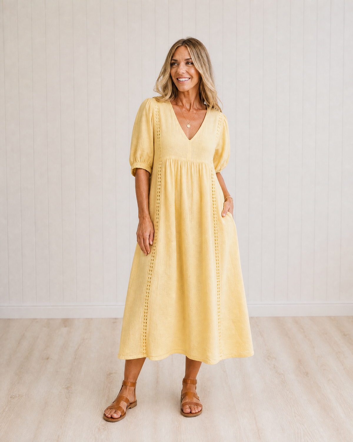 SEFI Midi Dress with Lace Detail and V-Neck