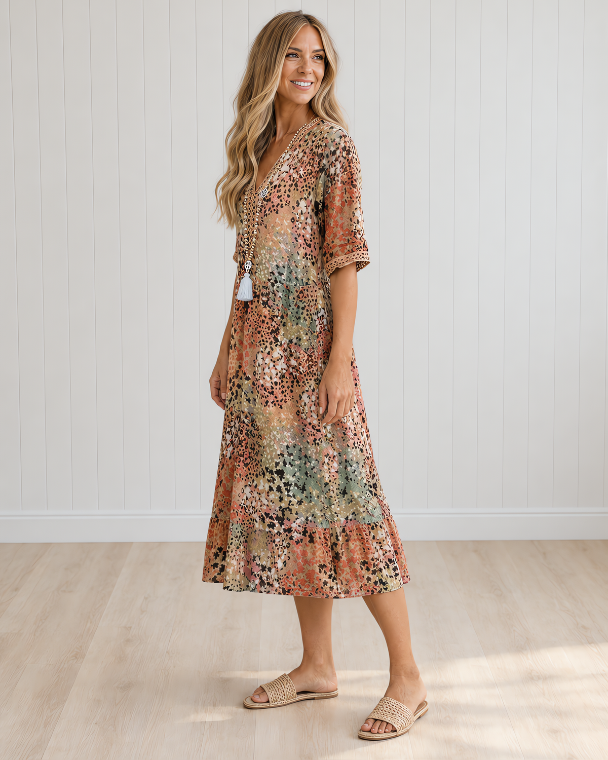 Susan Chic Midi Dress with Flattering Tummy Coverage