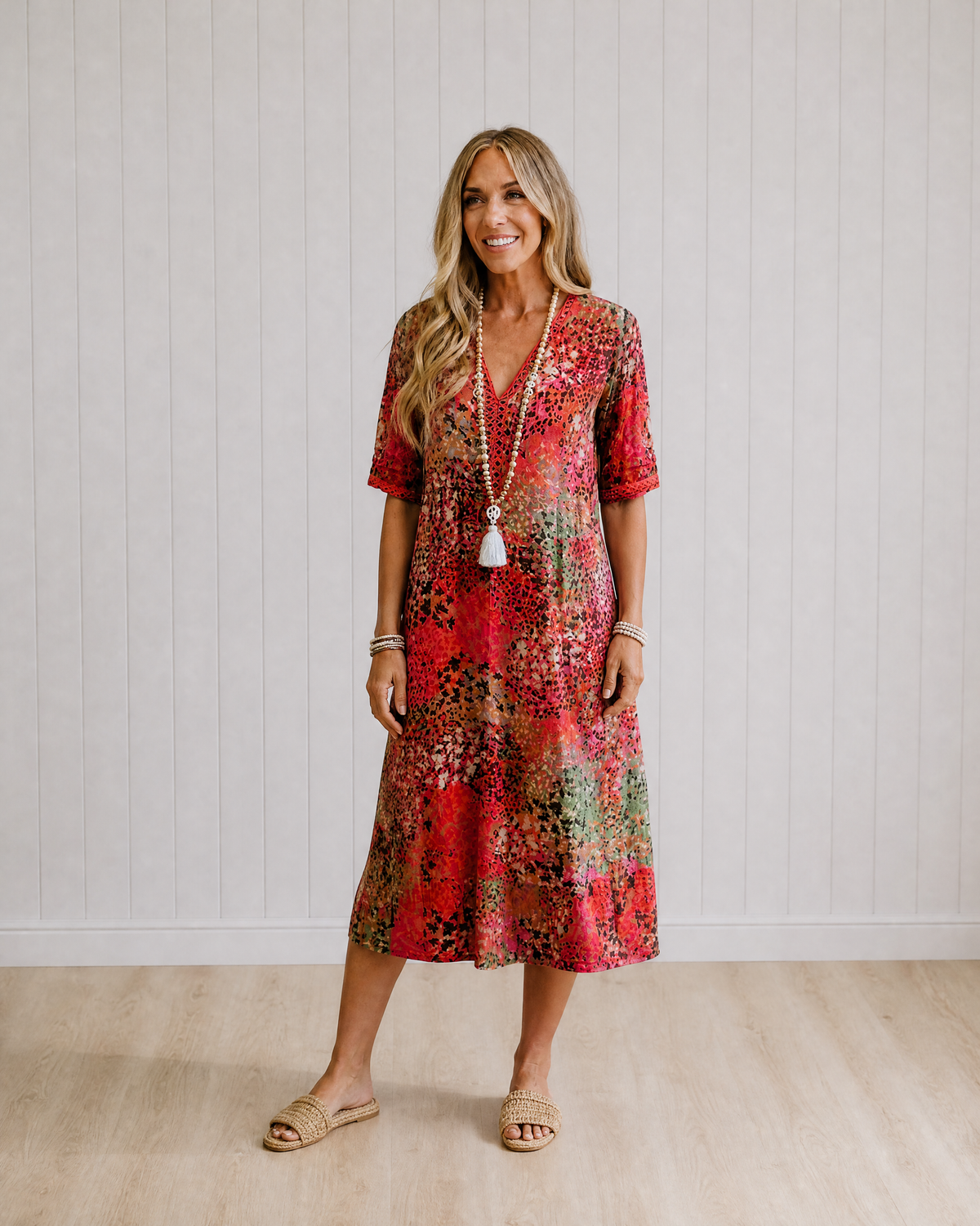 Susan Chic Midi Dress with Flattering Tummy Coverage