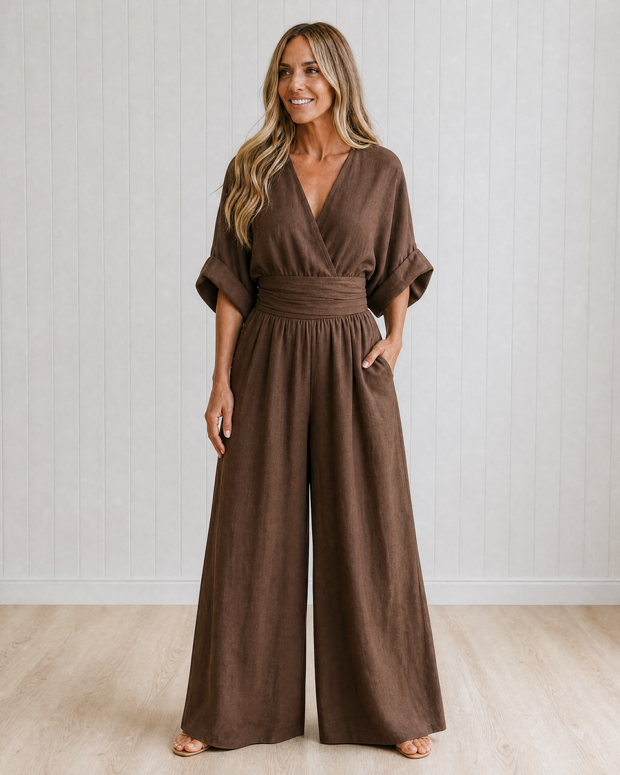 Tessa Elegant Wrap Jumpsuit with Wide Leg and Pockets