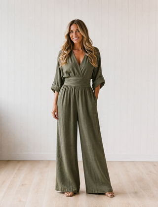 Tessa Elegant Wrap Jumpsuit with Wide Leg and Pockets