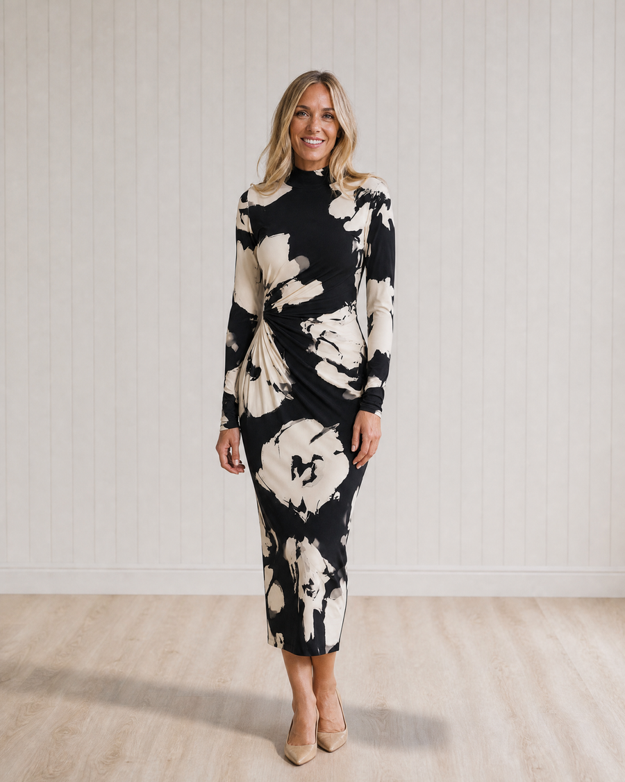 Thalia Abstract Floral Ruched Mock-Neck Midi Dress