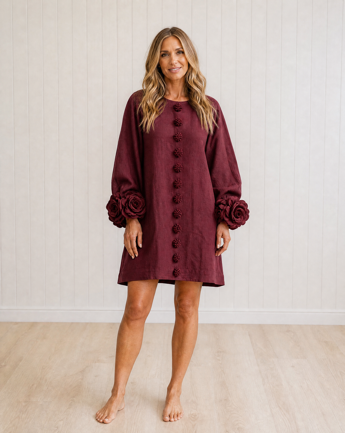 White Floral Button-down Mini Dress with Rose-Knot Cuffs