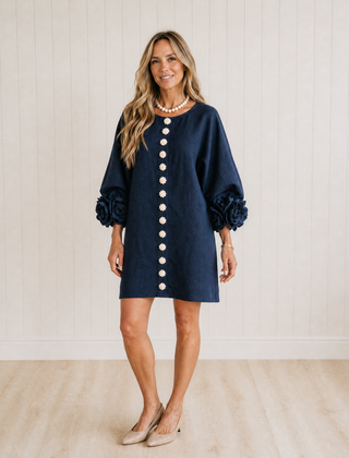 White Floral Button-down Mini Dress with Rose-Knot Cuffs