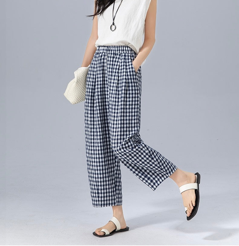 Chelsea gingham trousers styled with a blouse