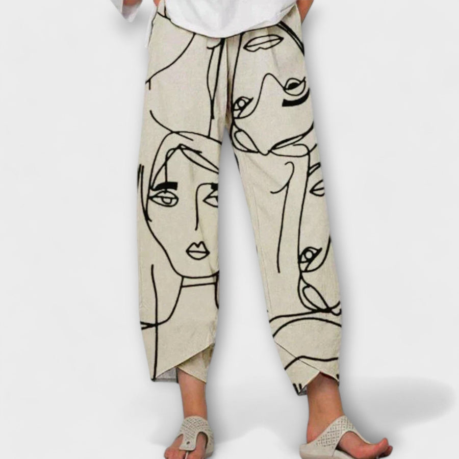 Milana beige linen trousers with artistic face print