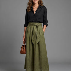 Vera Two Piece Set Black Blouse Olive Green Midi Skirt with Tie Front