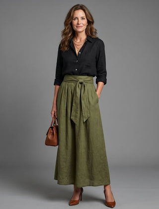 Vera Two Piece Set Black Blouse Olive Green Midi Skirt with Tie Front
