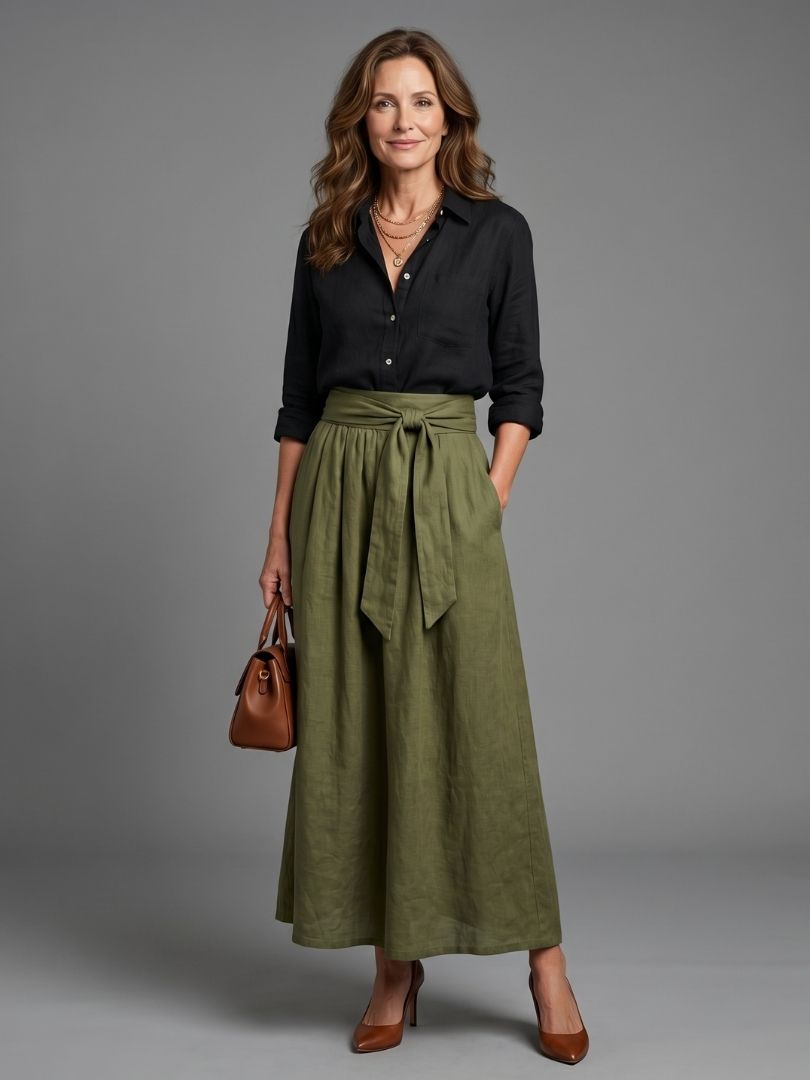 Vera Two Piece Set Black Blouse Olive Green Midi Skirt with Tie Front