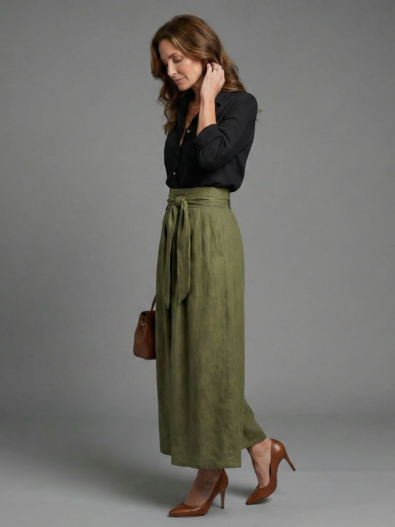 Vera Two Piece Set Black Blouse Olive Green Midi Skirt with Tie Front