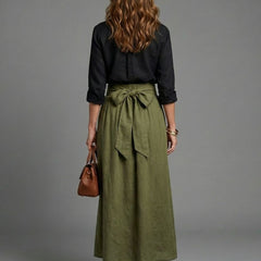 Vera Two Piece Set Black Blouse Olive Green Midi Skirt with Tie Front