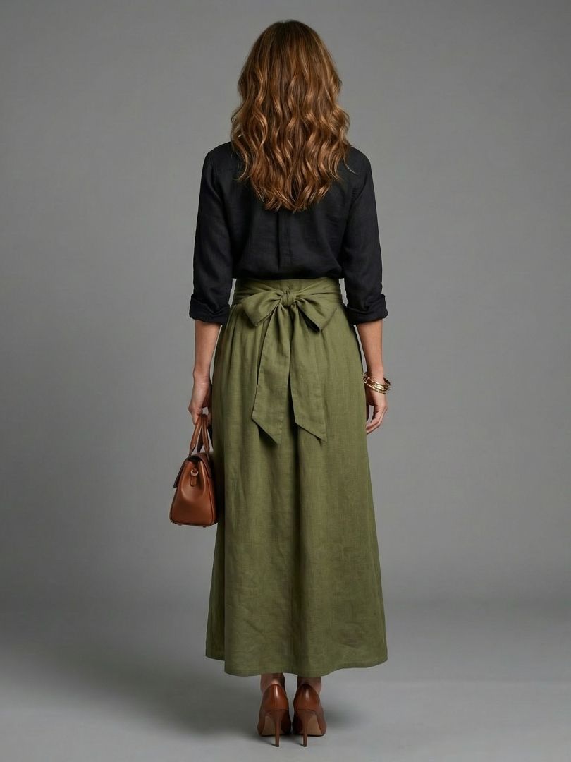 Vera Two Piece Set Black Blouse Olive Green Midi Skirt with Tie Front