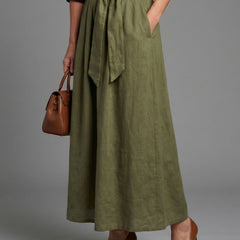 Vera Two Piece Set Black Blouse Olive Green Midi Skirt with Tie Front