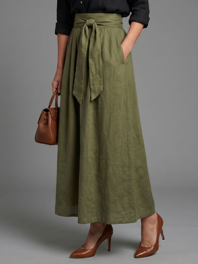 Vera Two Piece Set Black Blouse Olive Green Midi Skirt with Tie Front