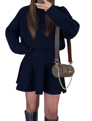 Navy blue long sleeve dress with flared skirt