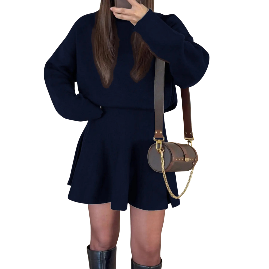 Navy blue long sleeve dress with flared skirt